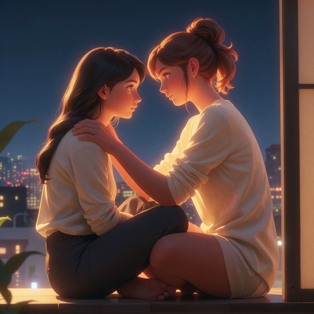 two women in hyperrealistic anime style, warm golden light bathing them, sitting close on a moonlit…