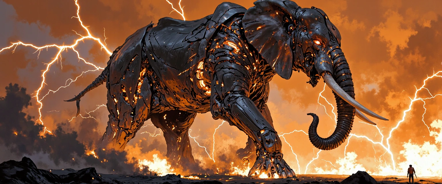 A colossal mechanical elephant mid-transformation on a scorched battlefield: its body splitting open to reveal glowing amber circuitry beneath gunmetal plating, tusks extending into serrated plasma blades, trunk telescoping into a cannon that crackle