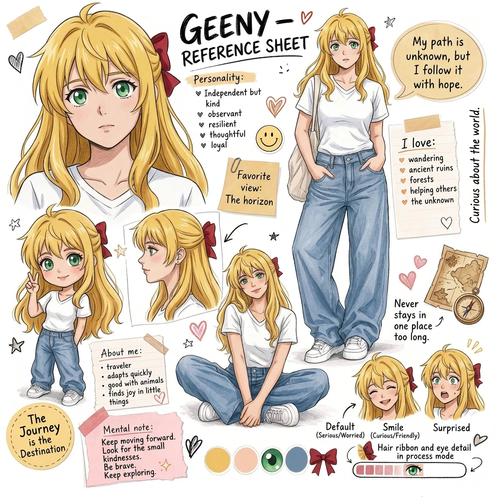 Create a character reference sheet for Geeny using the second image as a layout template and reference. Keep the template's exact composition (header bar, front/left side/back/right side panels, close-up details, expressions row, costume & accessory 