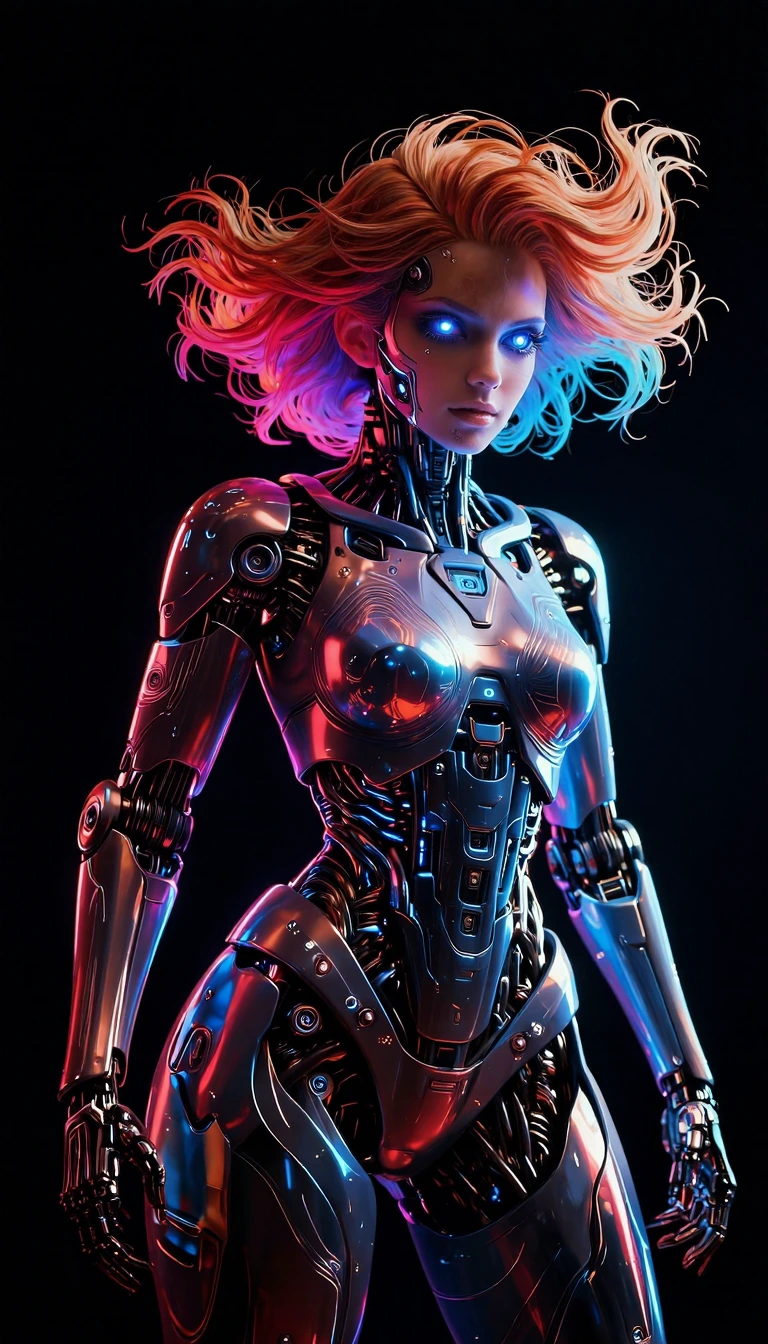 "Create an ultra-realistic full-body 3D model of a gorgeous, intricately detailed futuristic female cyborg, seamlessly merging human and robotic aesthetics. Focus on insanely complex details, emphasizing the fusion of organic and cybernetic elements,