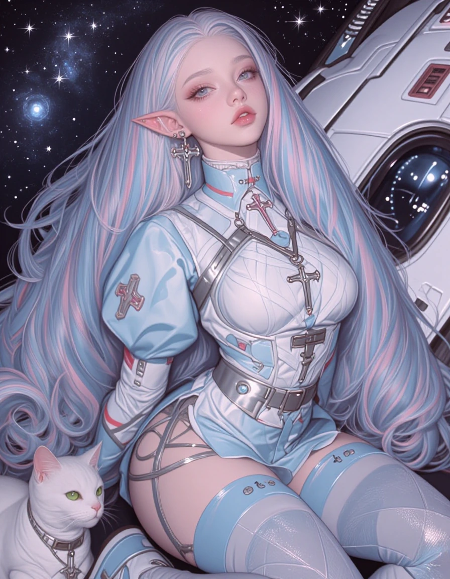 Colorful futuristic woman elf, pastel hair, no hat, galaxy, spaceship , leggings, cat nearby