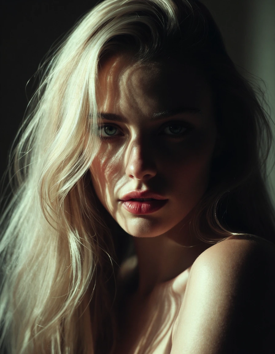 An ethereally beautiful woman, striking green eyes, lustrous champagne blonde hair cascading down her back, delicate facial features, fine nose, full crimson lips, holding a smoldering gaze into the camera, rich with tension and desire.