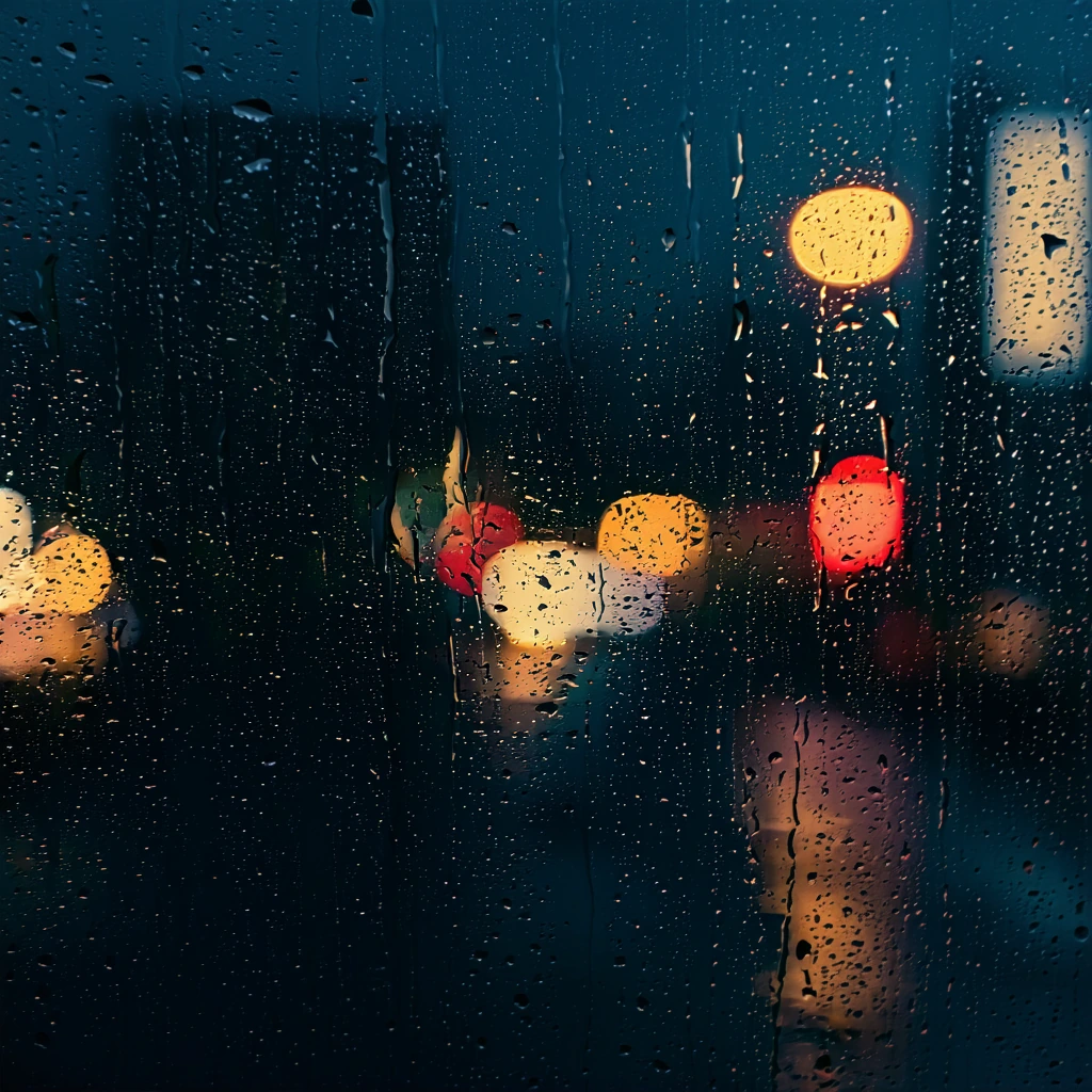 moody atmospheric: rain-soaked window with blurred city lights, poetic solitude