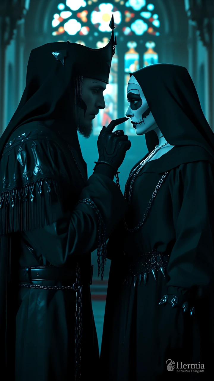 A cinematic 9:16 portrait of two gothic figures in a dark cathedral, standing close in a charged, intimate embrace. The man, in a black mitre and robe, cups the woman's jaw with a tattooed hand. The woman, in a gothic nun's habit with calavera makeup