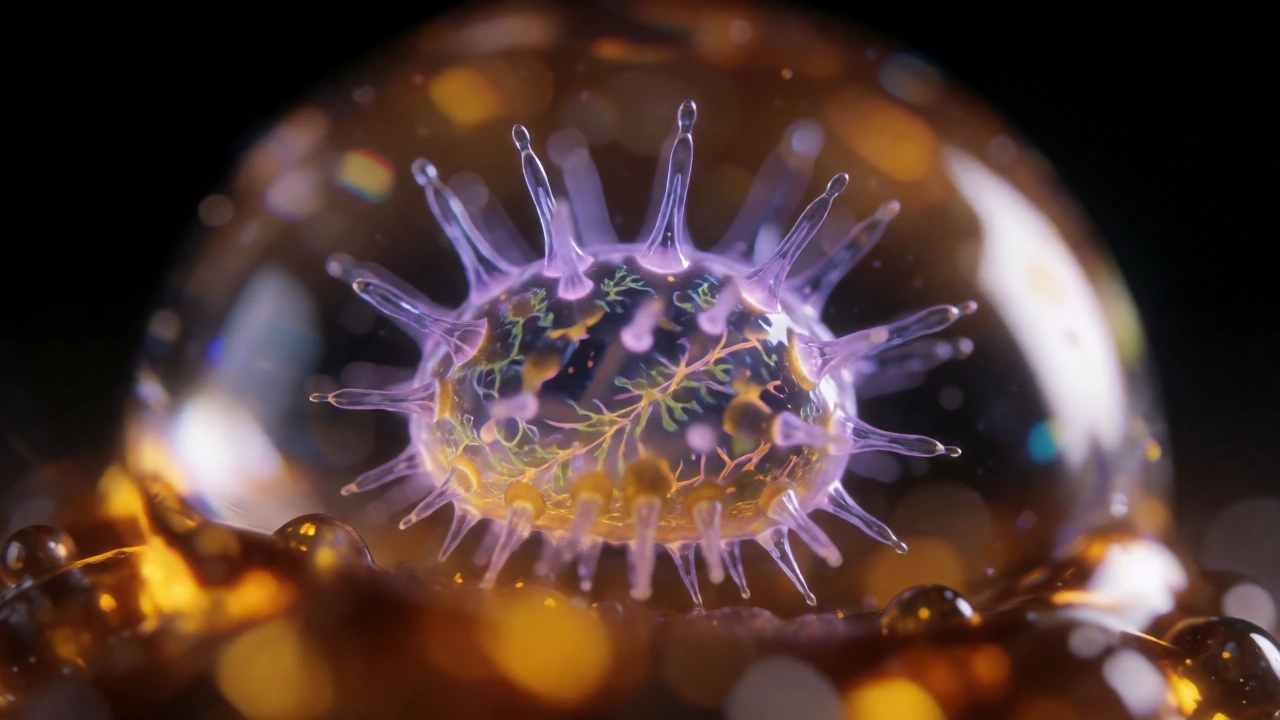 Extreme macro photograph of a bioluminescent microorganism in a single water droplet, backlit to reveal violet and gold filaments pulsing with inner light, crystalline spikes erupting from its membrane like frozen electricity refracting prismatic hal