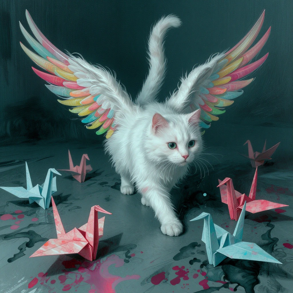 A surreal landscape of paper cranes dissolving into watercolor paint and ink, a white fluffy cat emerging from the chaos, wings transforming into rainbow ribbons, ethereal and haunting mood with neon accents