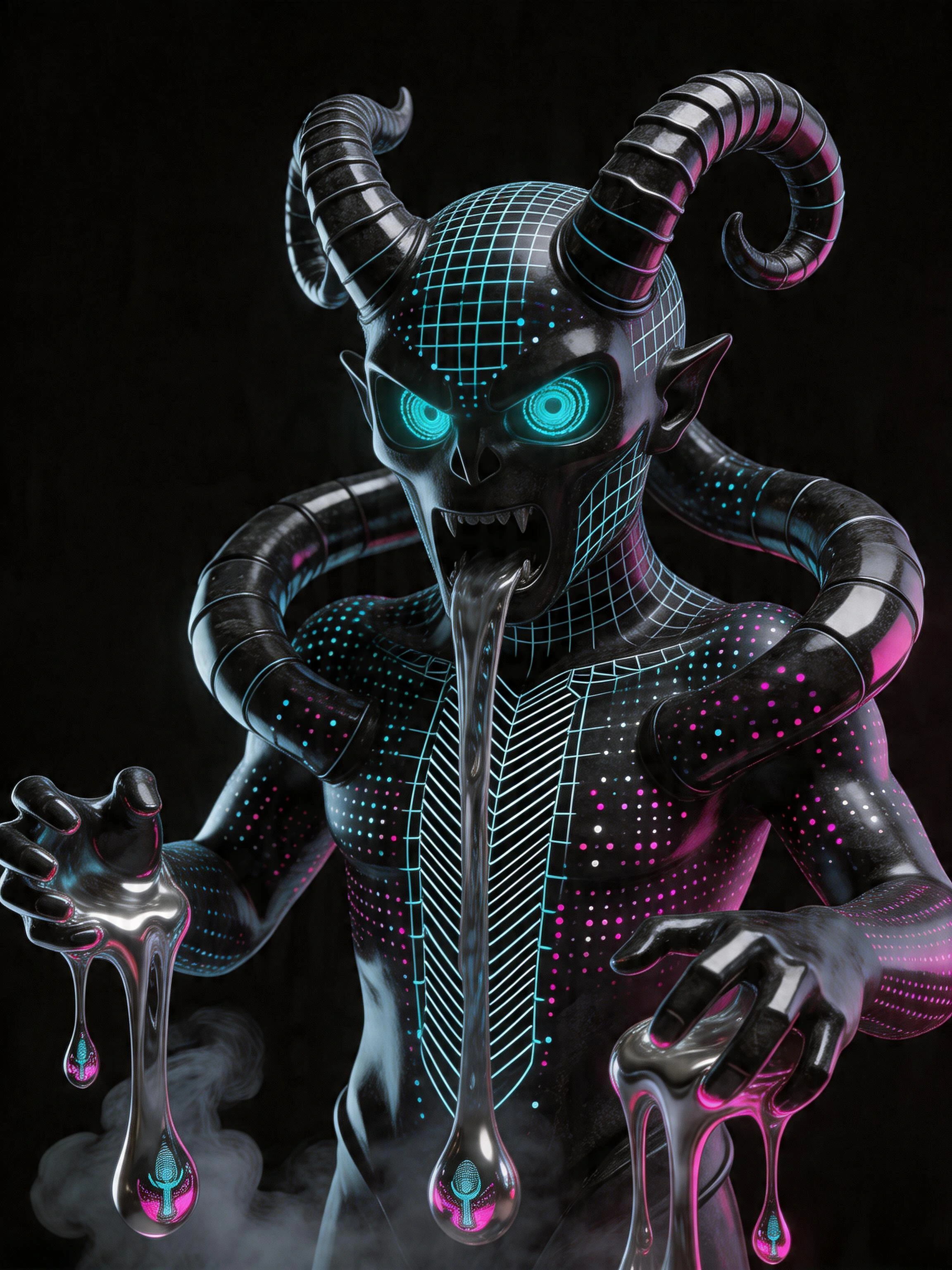A transcendent, apex Demonic Entity, not of flesh or bone, but a living manifestation of a "Perceptual Collapse." The subject is a masterwork of hybrid composition: 70% high-density polished Black Obsidian and 30% "Negative-Light Liquid." The Obsidia