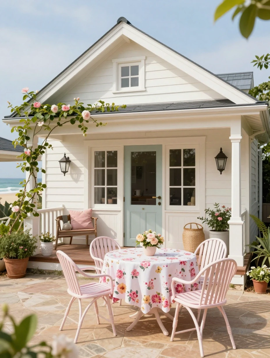 Shabby Chic beachfront home, floral, outside table and chairs