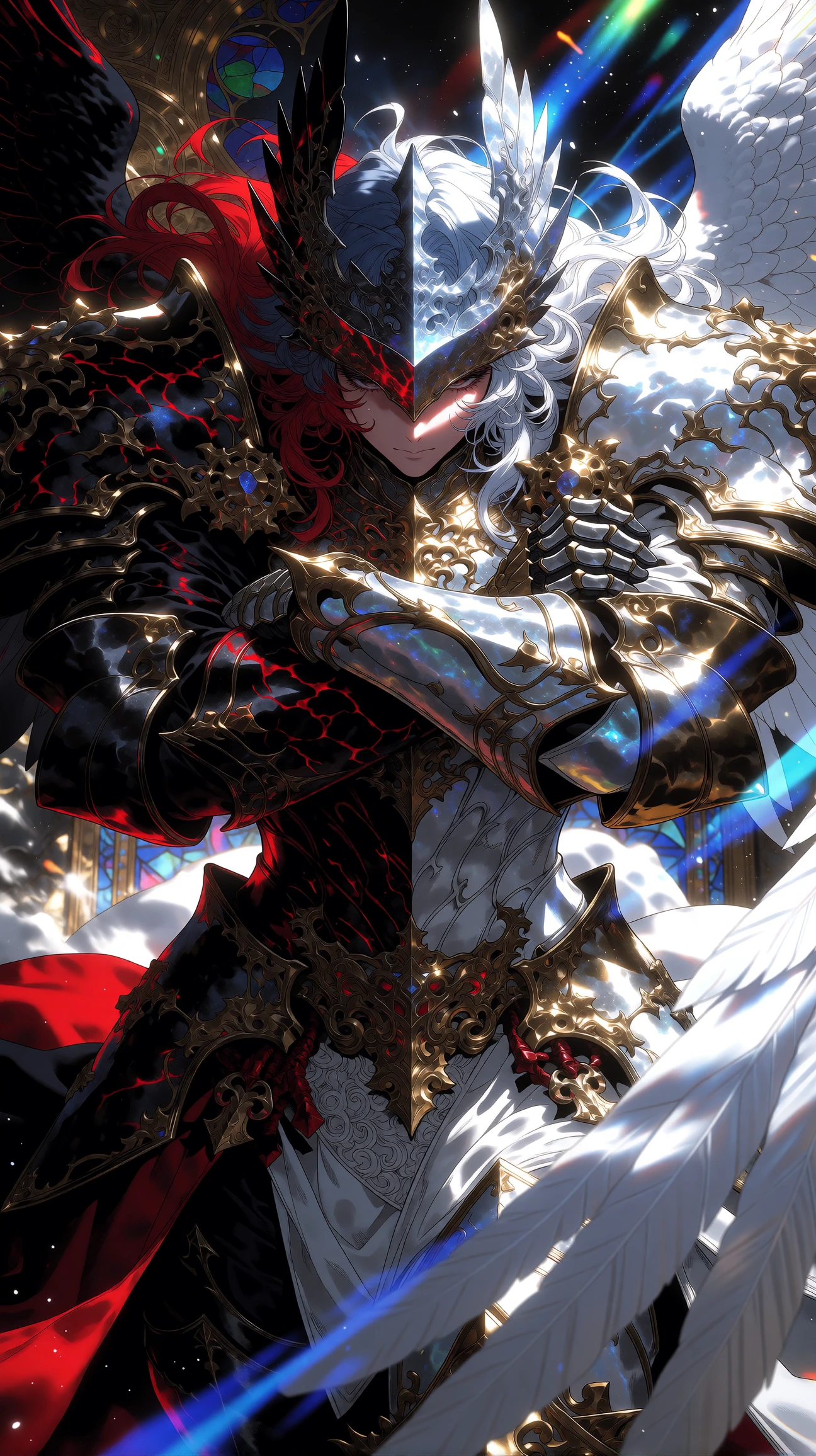 Extreme closeup, vertical composition of a dualnatured angelic warrior figure, split between dark and light sides. Subject Appearance: The central figure is a towering, imposing entity with a face partially obscured by intricate armor and flowing hai