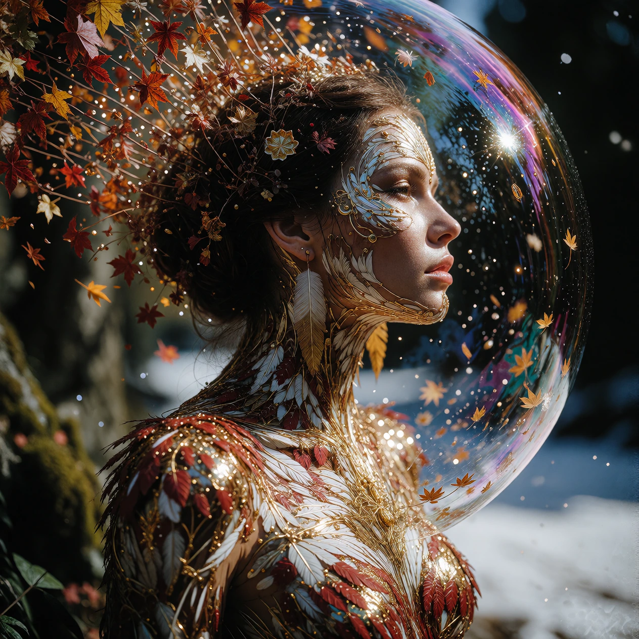 Surreal Double Exposure profile shot of a woman with sharp beautiful features, long dark hair styled in an elaborate updo. Her scant clothing is made from autumn feathers artfully arranged to show maximum sun-bronzed skin while remaining tasteful and