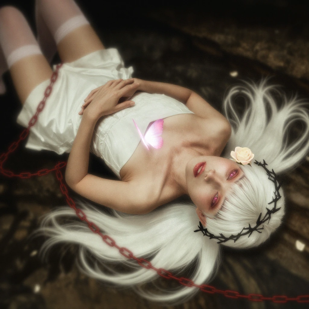 Miserable and sorrowful, @(yoneyama_mai:0.5, katsura_masakazu:0.5), 1girl, solo, long hair, looking at viewer, bangs, thighhighs, dress, bare shoulders, pink eyes, flower, white hair, lying on back, parted lips, white dress, white thighhighs, rose, r