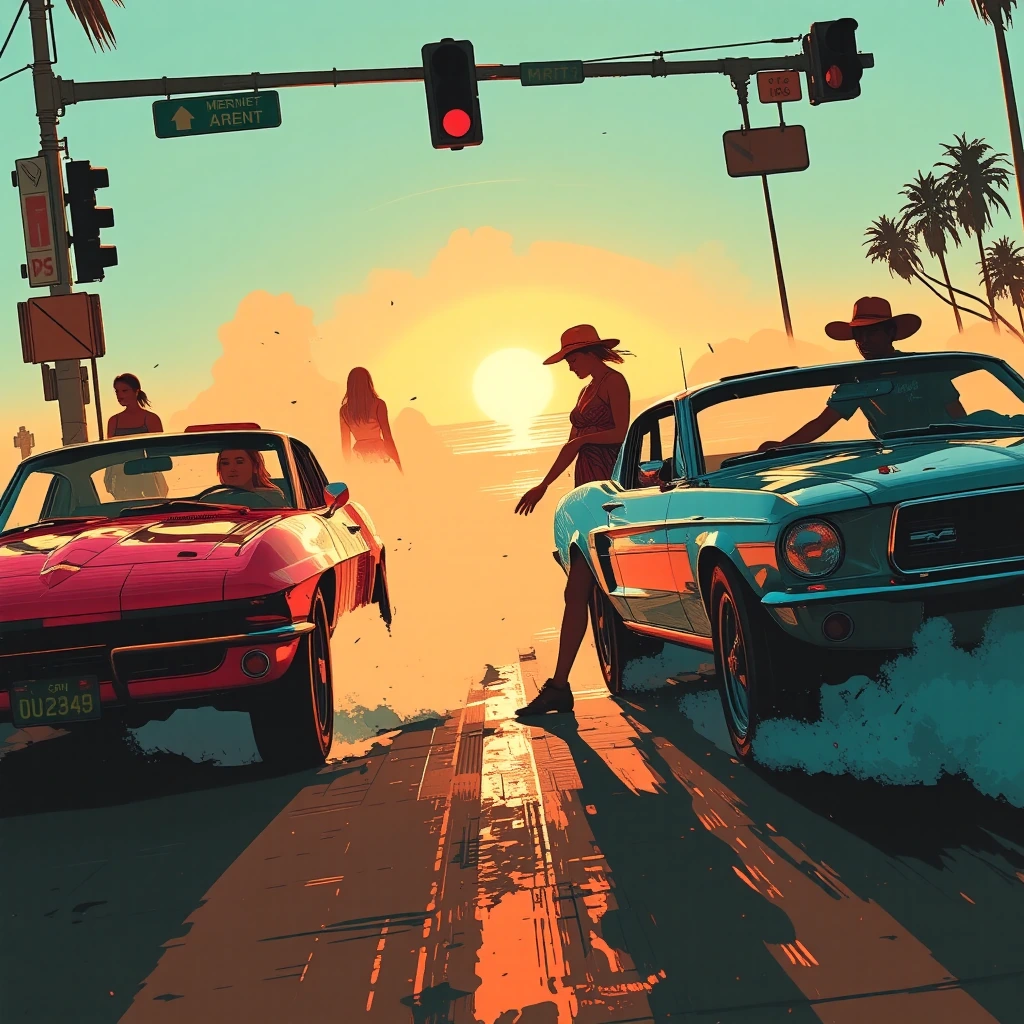 Two muscle cars locked in a brake-torque duel at a beachfront stoplight at golden hour: a crimson 2026 Corvette piloted by a blonde driver, and a teal