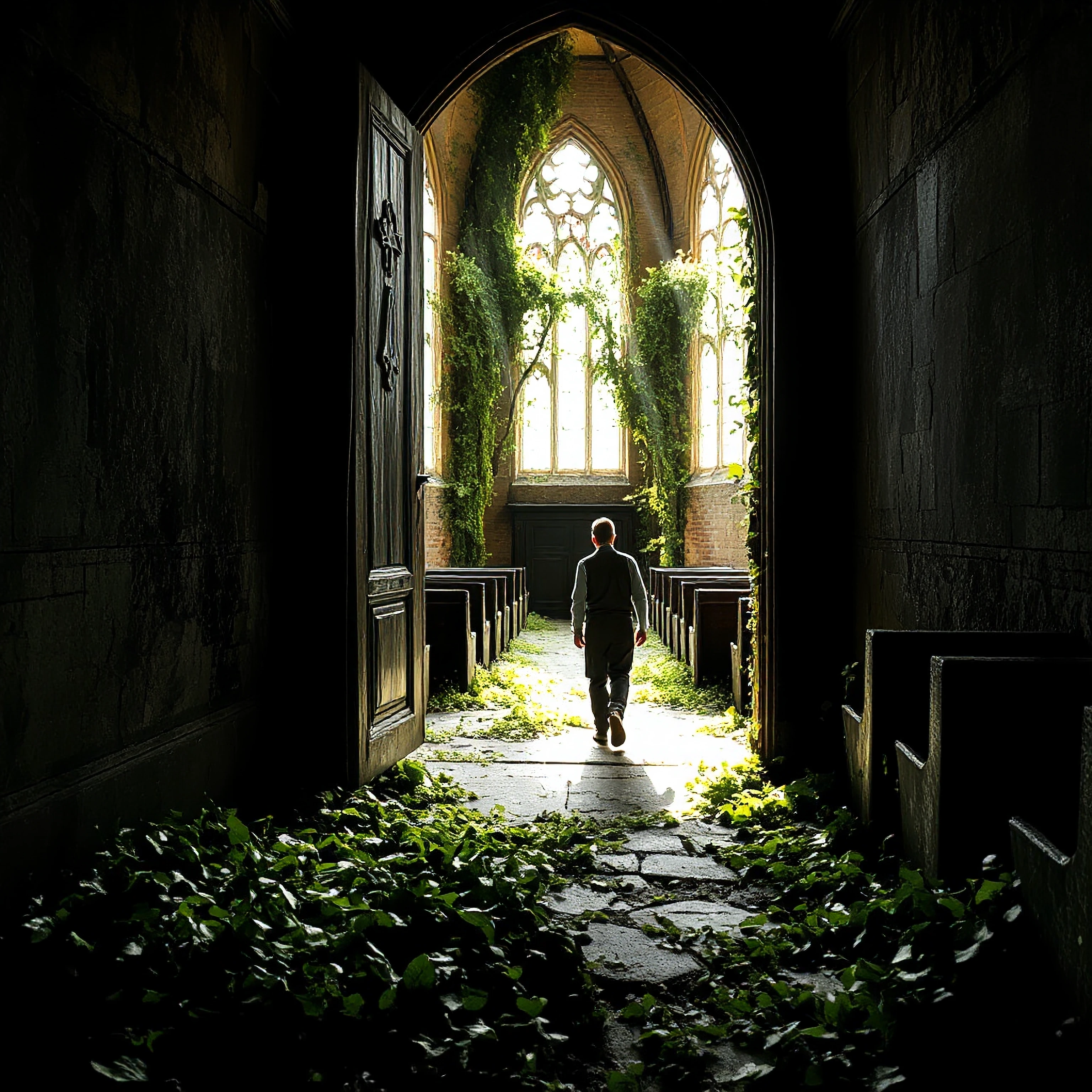 A lone wanderer pushes open ancient warped wooden doors, revealing an abandoned gothic chapel interior where thick ivy vines have climbed up stone pil