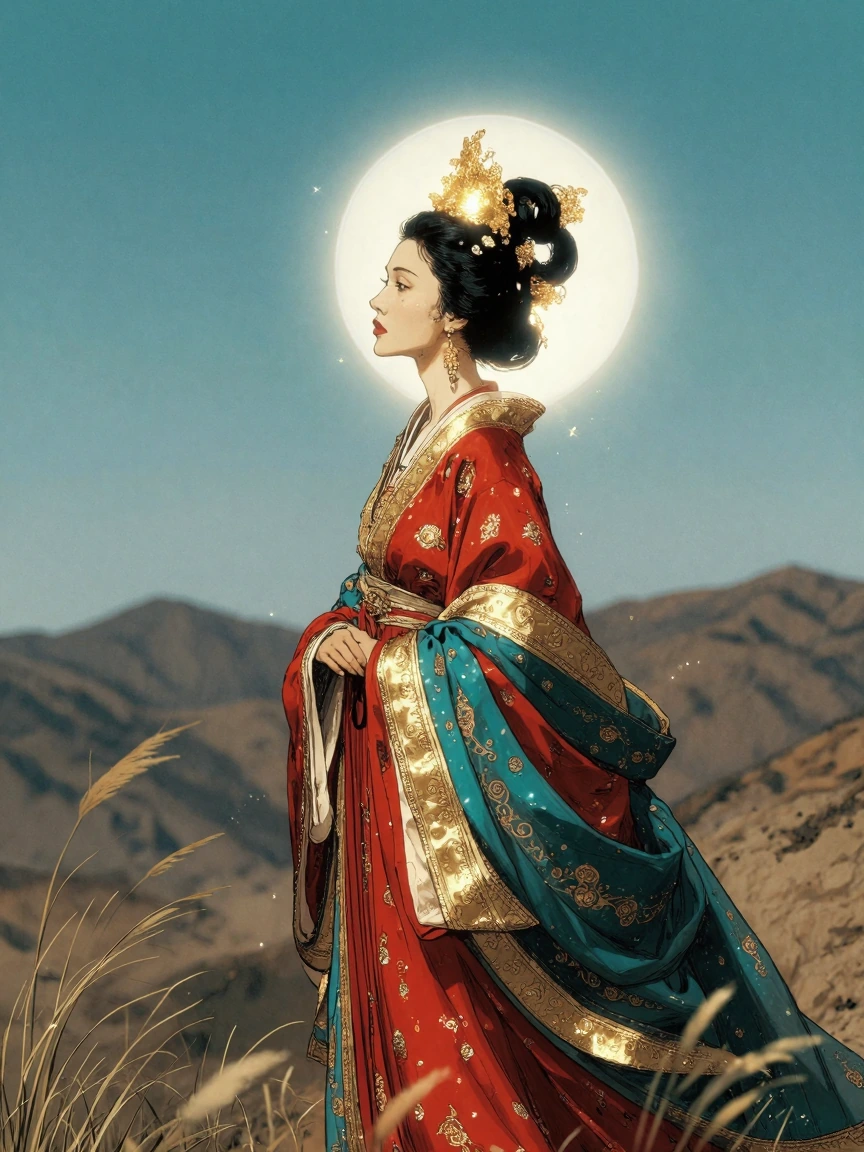 # Ethereal Eastern Beauty A serene figure stands draped in vibrant traditional silk robes—crimson and teal adorned with gold accents. Her dark hair is