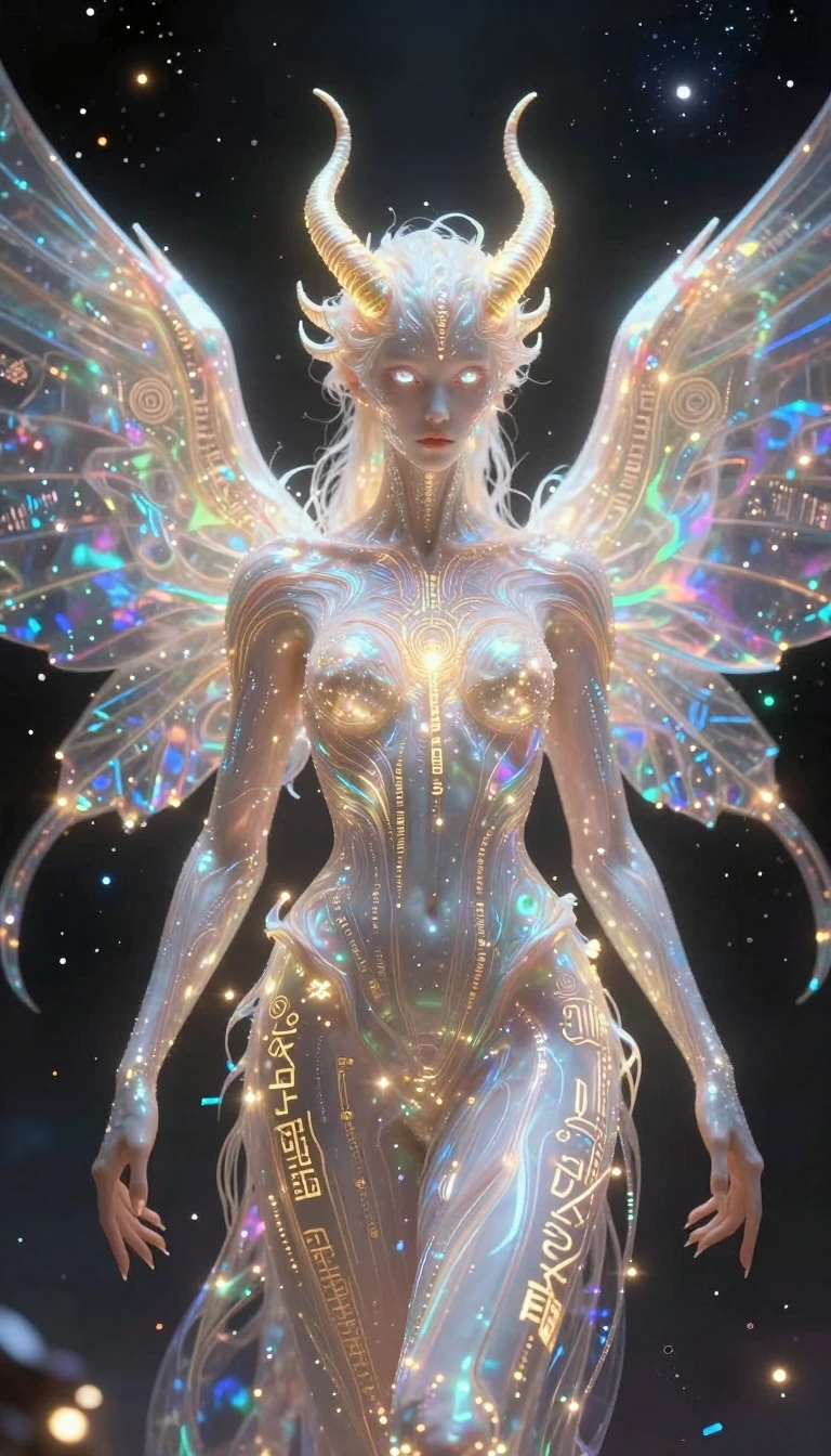 A hyper-detailed, ethereal celestial humanoid with luminous horn structures and multi-layered iridescent wings, composed of prismatic fractal light an