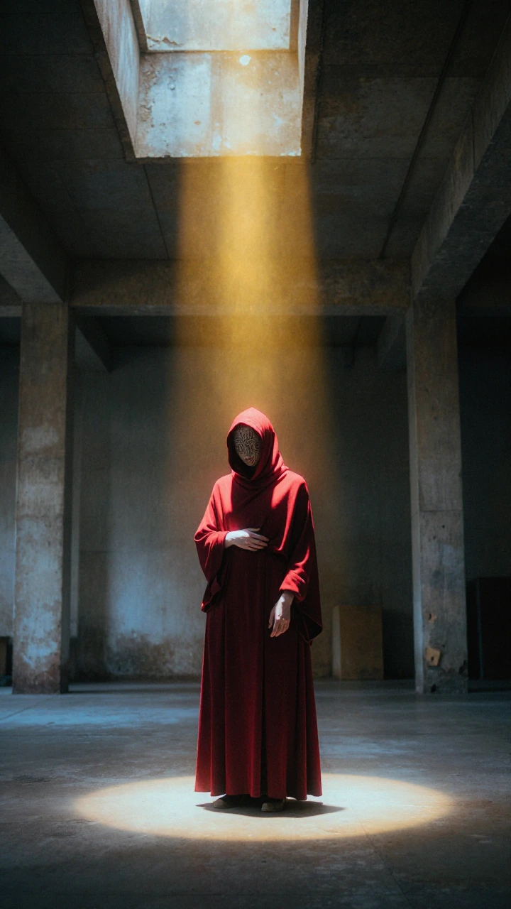 a figure in deep crimson robes standing in an empty brutalist concrete chamber, single shaft of gold light cutting through darkness from above, their face obscured by shadow and geometric patterns, unsettling stillness, cinematic depth of field, cold