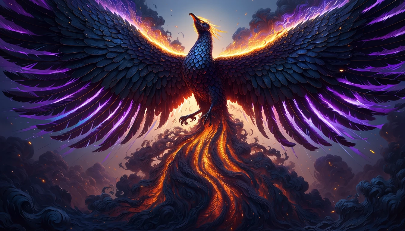 A majestic phoenix rising from ethereal shadows, wings spanning impossibly wide with feathers of deep obsidian black and midnight purple, edges glowing with molten amber and crimson fire, piercing golden eyes blazing with ancient wisdom, body wreathe