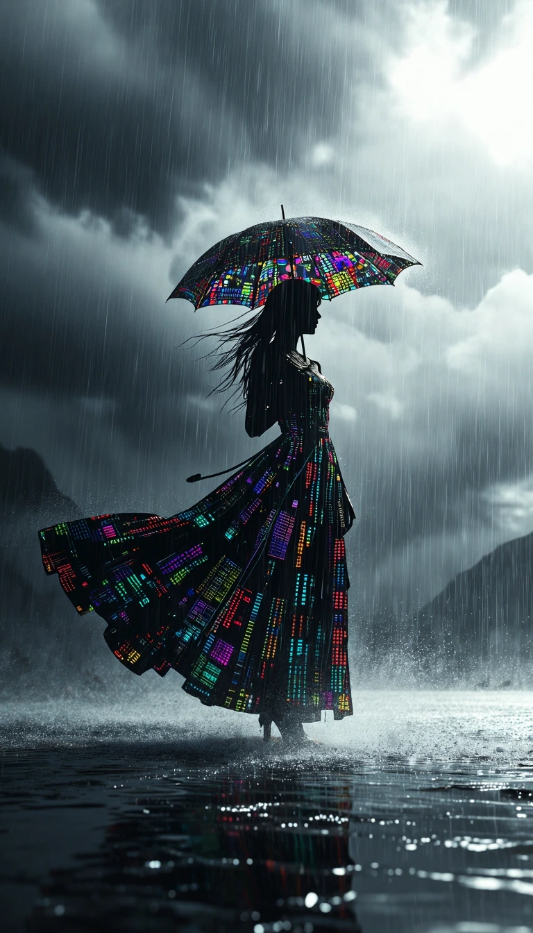 A 2D paper cutout of a woman standing amidst a downpour, holding an ornate umbrella adorned with vibrant colors. Her dress flows outward and merges with the falling rain, creating a mesmerizing effect. The color palette is predominantly grays and bla