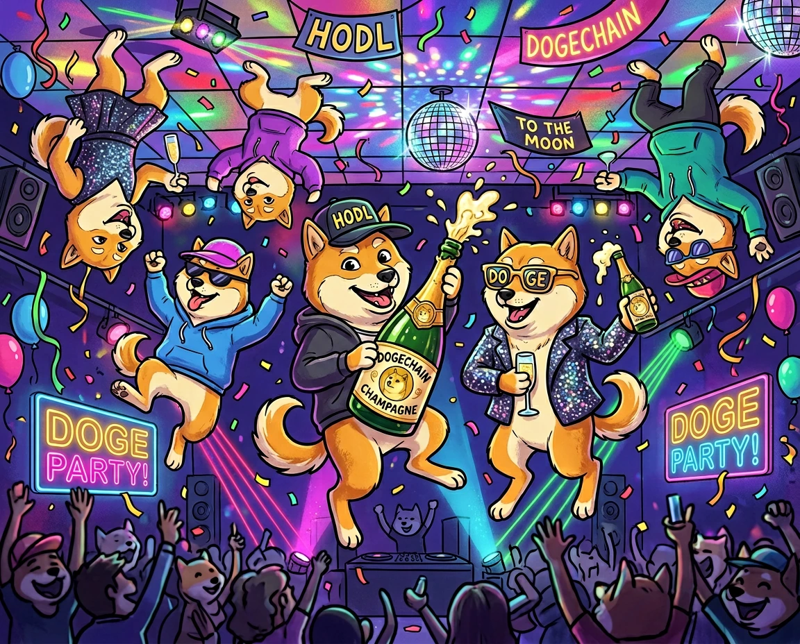 A group of human-like Shiba Inus dancing on the ceiling, wild party atmosphere, bottles of champaig with « DOGECHAIN » written on the labels, meme-ish, cartoon,
