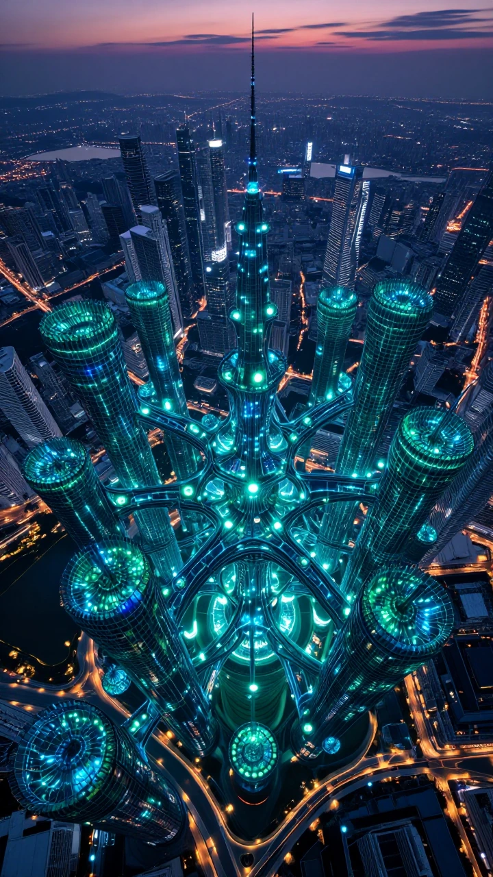 Sprawling metropolis where skyscrapers branch and bifurcate like coral polyps, buildings sprouted organically from a massive central trunk of fused concrete and steel that splits into increasingly delicate structures toward the edges, the whole form