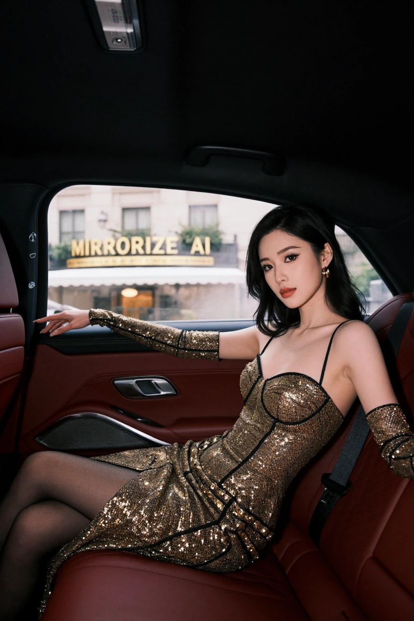 photo real image woman sitting in back of luxry car, outside the window of the car you can see a hotel with Mirrorize AI written as the marquee sign