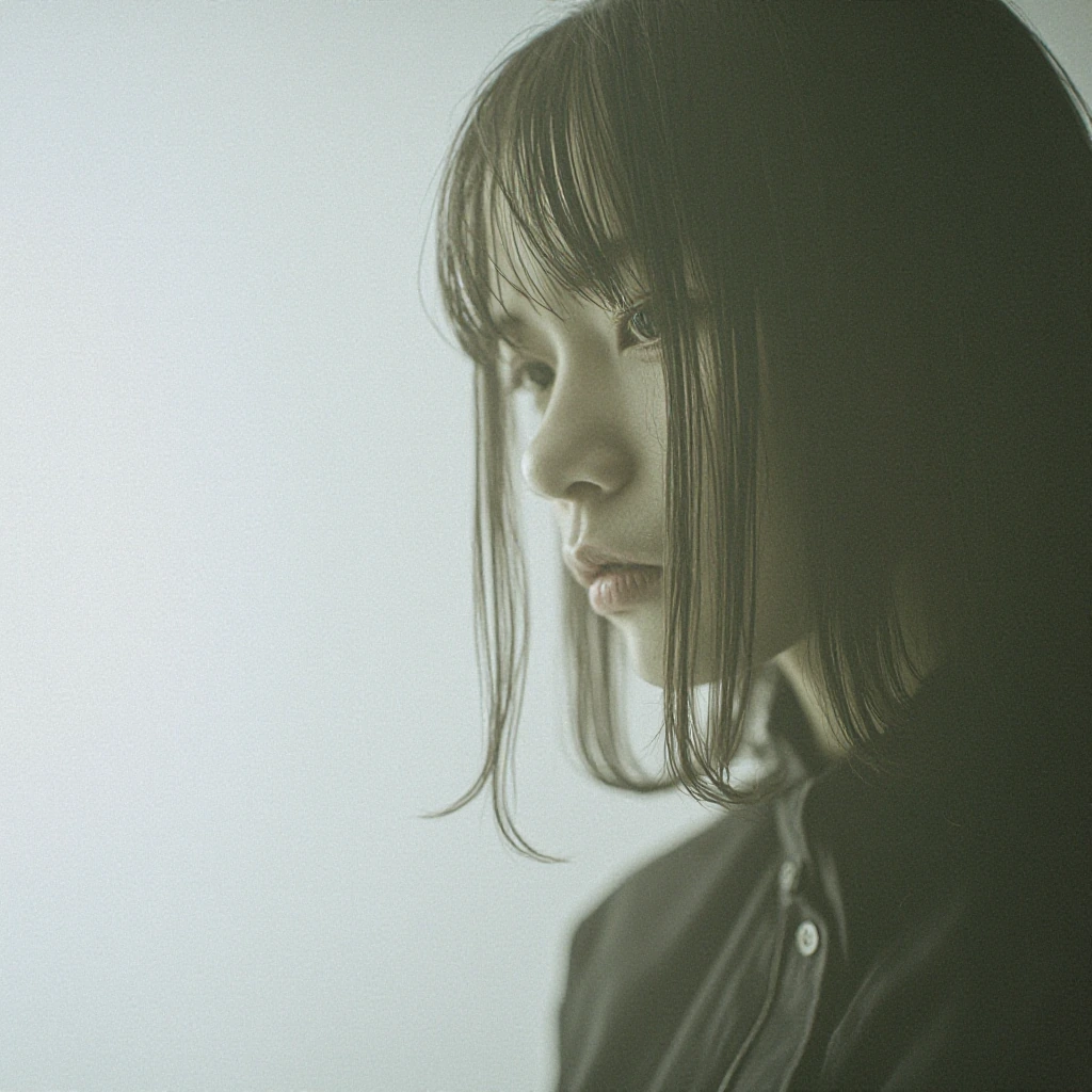ethereal portrait of solitary figure in misty dawn light, minimal composition