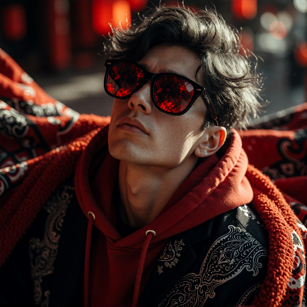 Create a stylized portrait artwork with a vibrant red and black color scheme. The subject should be rendered in grayscale/black and white, positioned centrally looking upward at approximately 45 degrees with a confident, contemplative expression. The