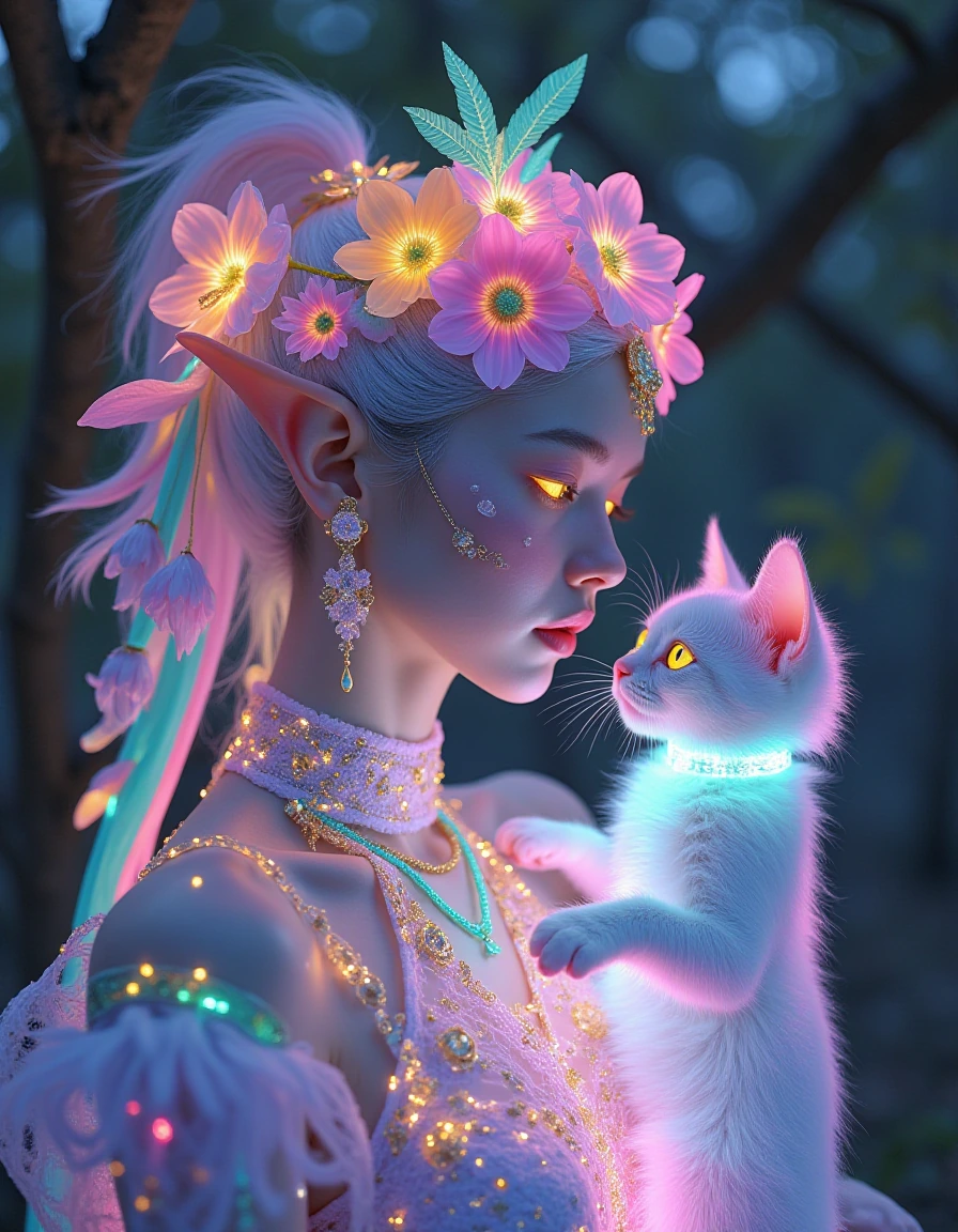 Dpring time elf woman with a luminescent spring kitten with iridescent fur, supernatural chromatic aberration cascading across form, bioluminescent yellow eyes bleeding into hot pink periphery, turquoise aura radiating from whiskers and paw pads, lav