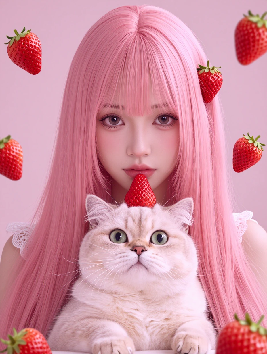 Beautiful woman, long straight pink hair with bangs, with a cat, strawberry aesthetic , strawberries everywhere