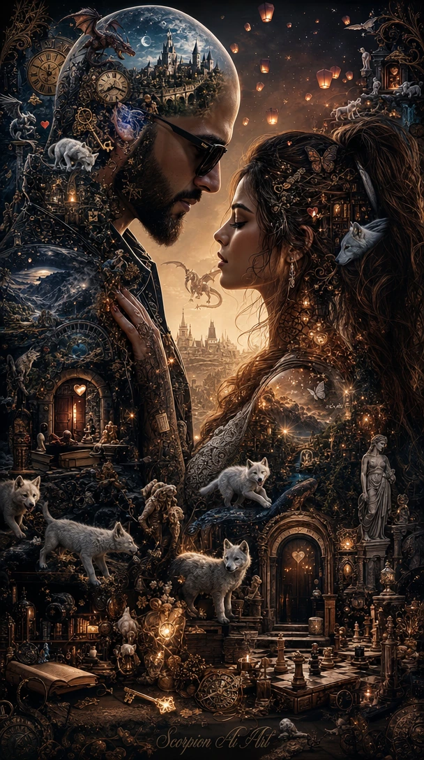 Hidden Details Prompt: Create an ultra-detailed cinematic double exposure filled with hidden visual Easter eggs. Inside the couple’s (a bald man with trimmed beard and sunglasses with a gorgeous dark brown haired woman with high ponytail) silhouettes