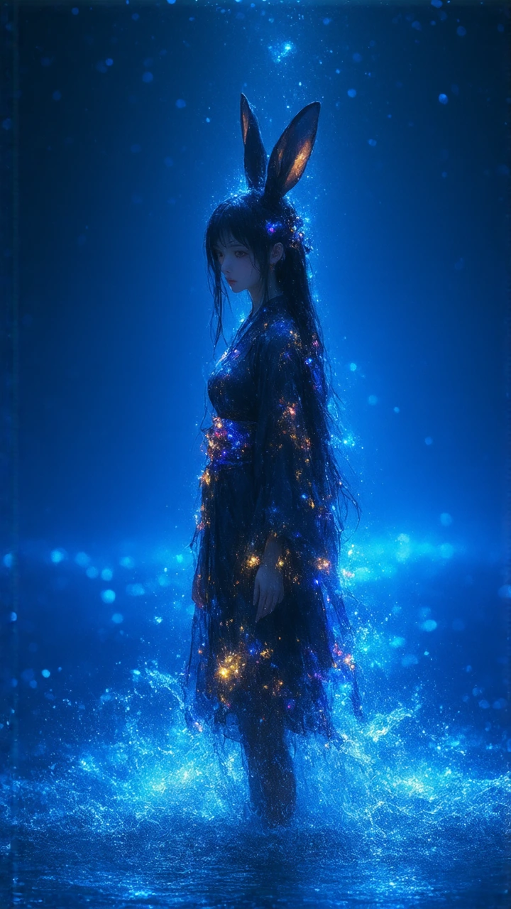 [Japanese style anime woman with rabbit ears, wearing a floral kimono dress, standing in water, blue background, golden sparks, photorealistic, 90s retro tech aesthetic] Subject: Animestyle female character with a slender, youthful build. She has lon