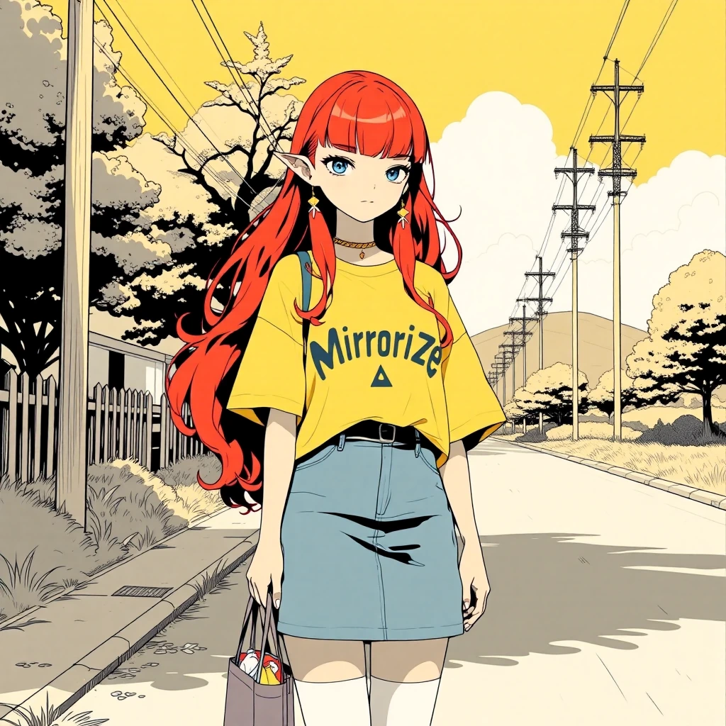 art nouveau, multiple monochrome, 1girl, solo, female focus, long hair, wavy hair, red hair, blunt bangs, long sidelocks, antenna hair, blue eyes, detailed eyes, looking up, hair behind ear, x hair ornament, streetwear, wide t-shirt, oversized t-shir