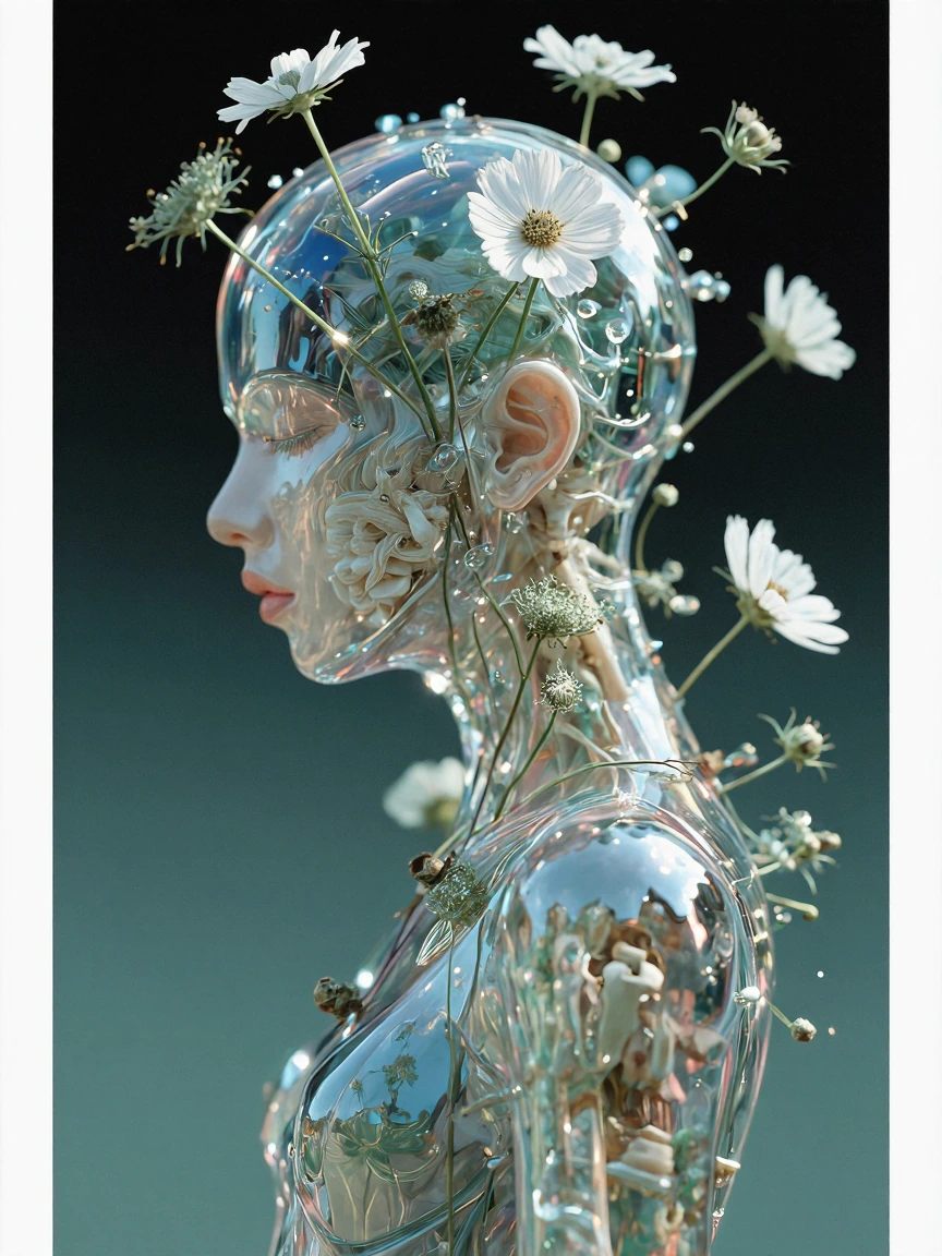 A surreal female bust stands in profile, her head and torso formed entirely from a glossy, transparent, glass-like membrane. The transparent shell fla