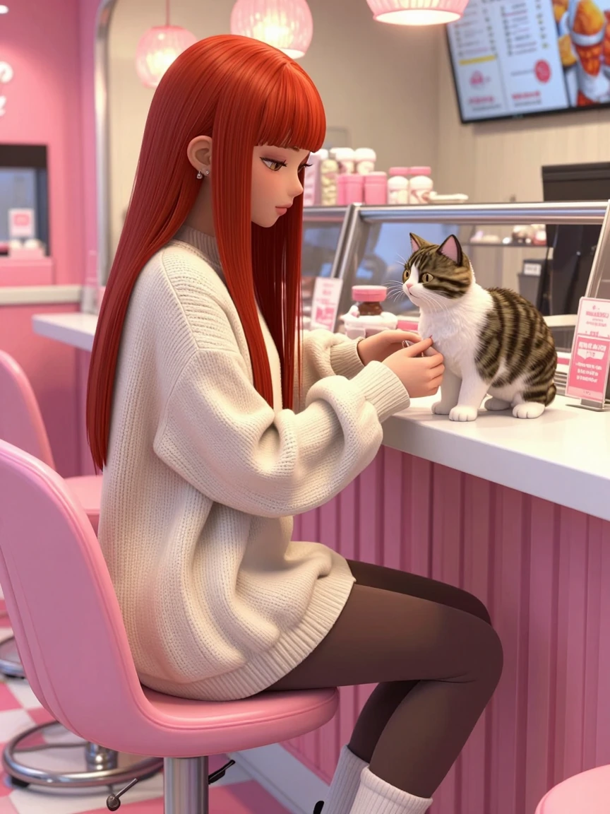 Woman long red hair and bangs, at an ice cream shop with her cat, long oversized sweater and leggings , airbrushed 3d