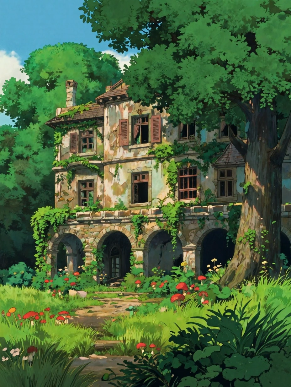 a ghibli style image of an old, abandoned French château surrounded by lush greenery and a serene atmosphere. The building is adorned with vines climbing its stone walls, and there are large trees providing shade over the landscape. The scene capture