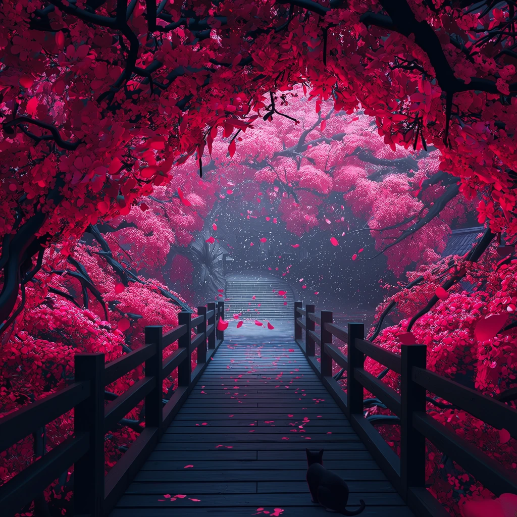 # Cherry Blossom Pathway Closeup a cat, A wooden bridge stretches into dreamy softness, framed by explosions of hot pink cherry blossoms. Dark wooden railings guide the viewer's eye forward toward distant stone steps, creating depth and invitation. O