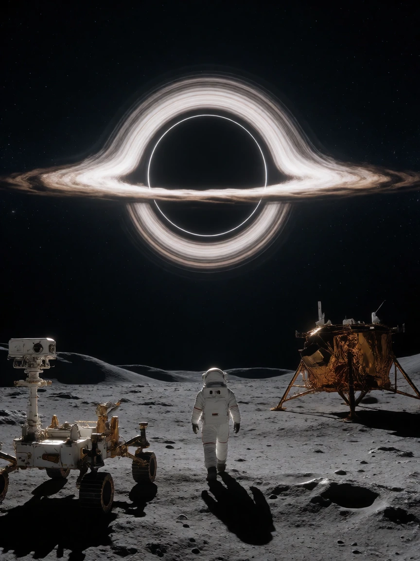 masterpiece, best quality, black hole, deep space, astronaut walking on moon, moon surface, space craft , rover, space, stars, dim light, dark