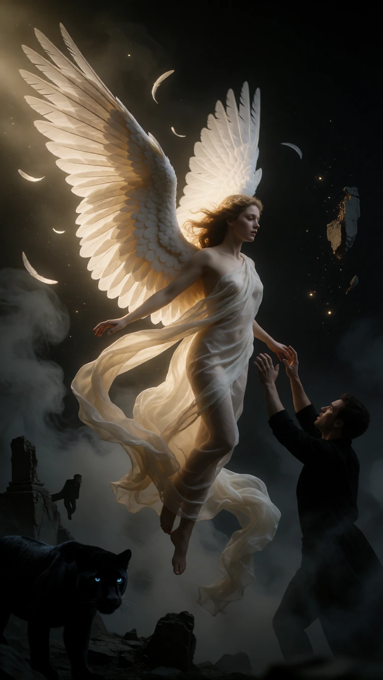 (masterpiece), best quality, expressive eyes, perfect face, photorealistic ethereal angelic woman ascending in midair, full-body vertical composition, giant intricately detailed white feather wings unfolding behind her, delicate feathers drifting, di
