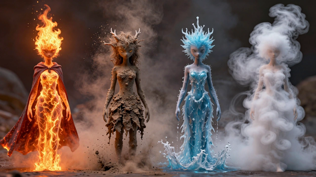 A masterpiece, high resolution, four elongated creatures facing the camera. The first is fire, with flames extending upwards, wearing a long cape made of incandescent lava. The second is earth, with particles breaking off and dust swirling around it,