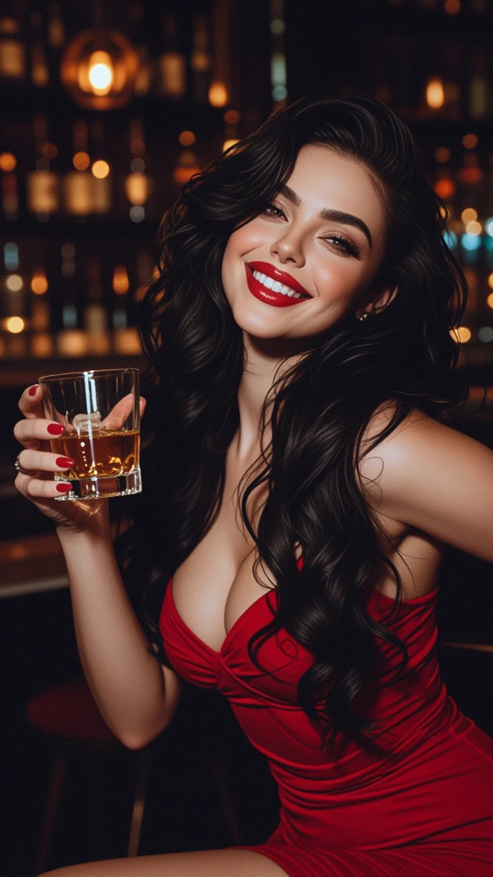A stunningly beautiful latina woman with lustrous long, wavy black hair, expressive eyes, and full crimson lips. She wears a stunning red cocktail dre