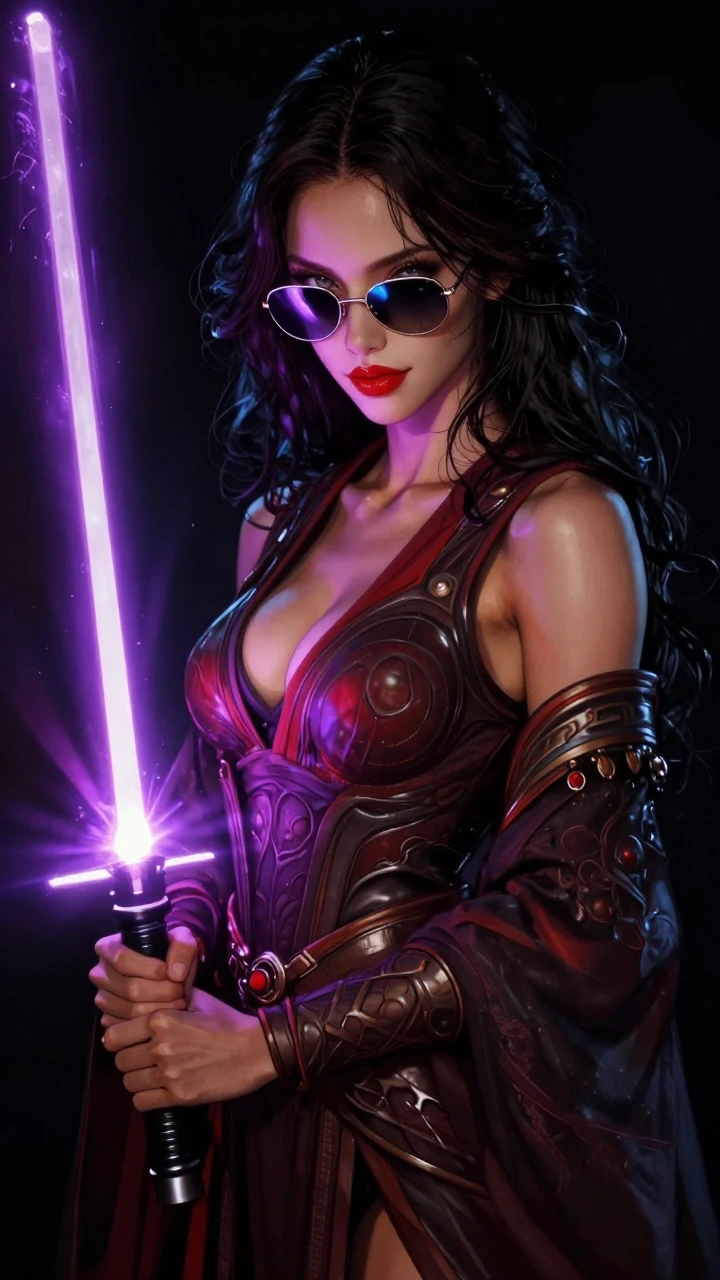A stunningly beautiful goddess with sensual grey eyes full crimson lips and lustrous wavy black hair. She wears mirrored lens wire frame sunglasses and a shy smile. She stands against a black background in intricate Jedi robes that accentuate her sle
