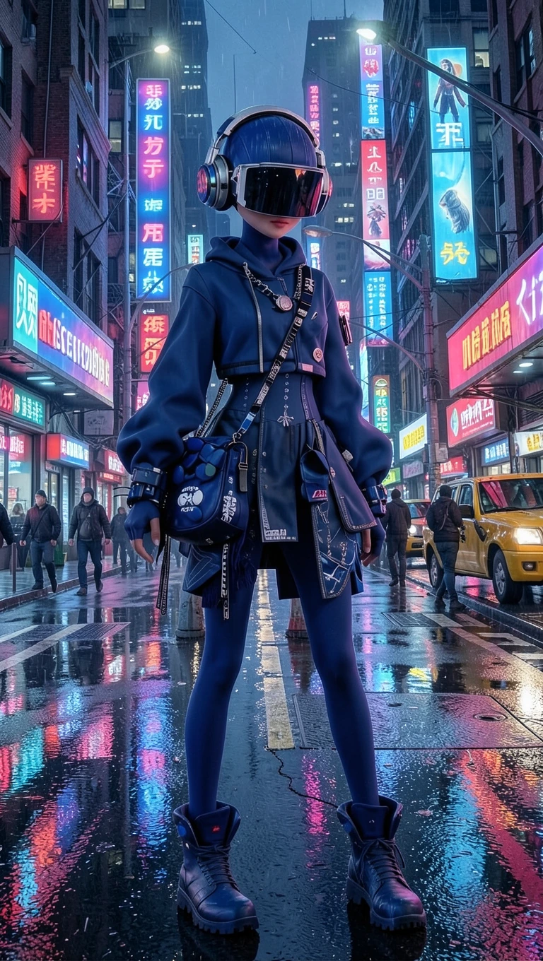 put her in a cyberpunk city street corner