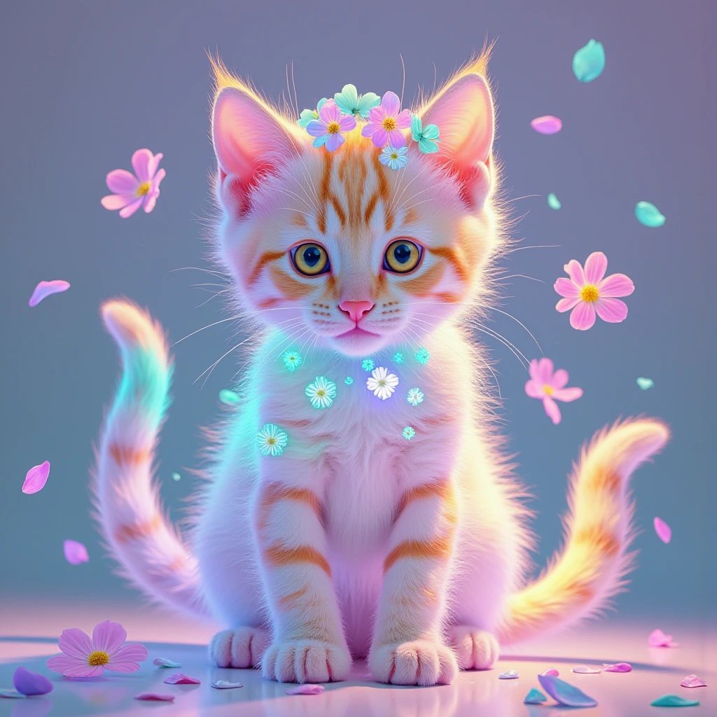 luminescent spring kitten with iridescent fur, supernatural chromatic aberration cascading across form, bioluminescent yellow eyes bleeding into hot pink periphery, turquoise aura radiating from whiskers and paw pads, lavender shimmer coating soft un