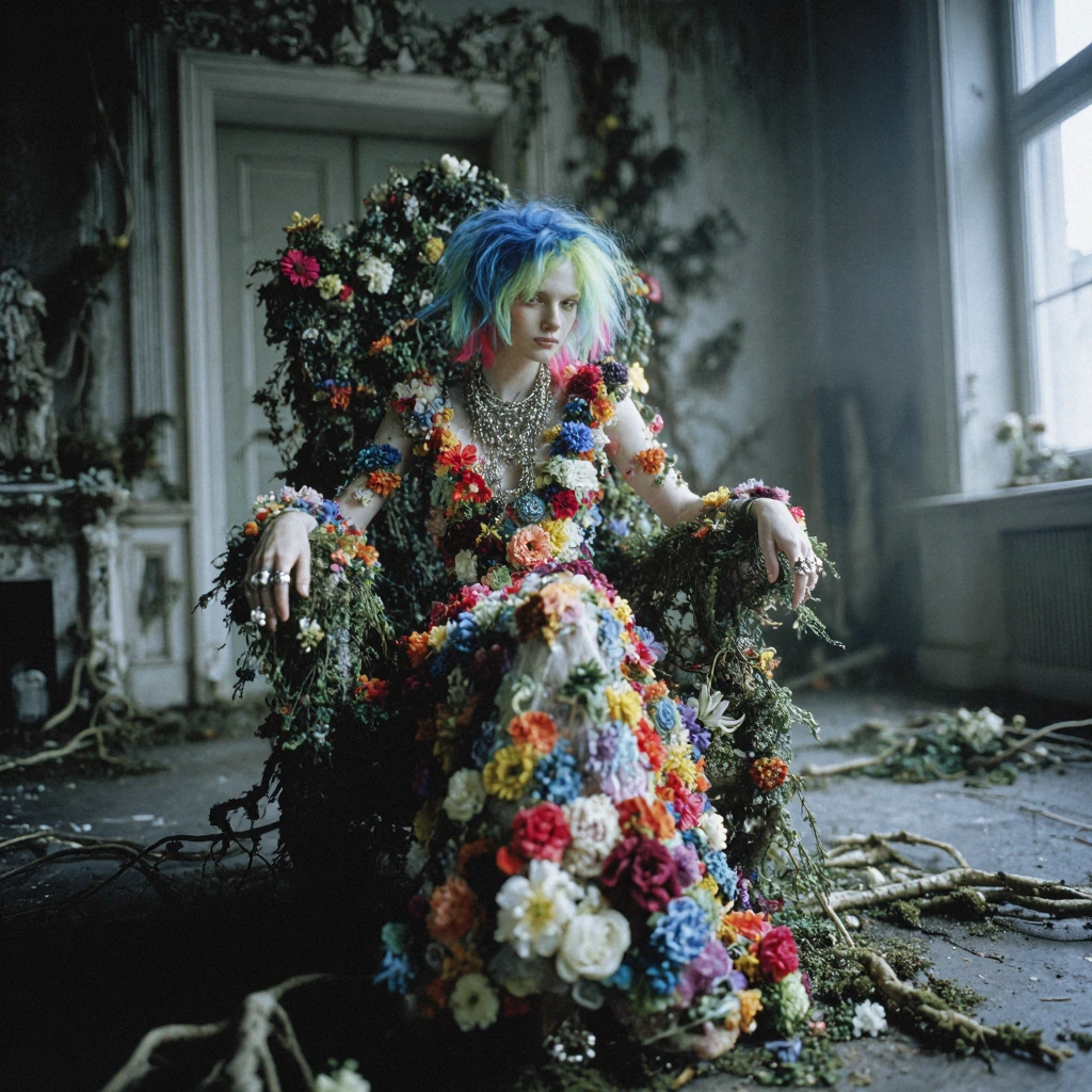 A high-fashion editorial photograph of a beautifu; model. She is wearing an extravagant avant-garde sculptural gown made of natural flowers of varied vibrant colors of the rainbow, scattered throughout, like fabric. She is wearing intricate silver ne