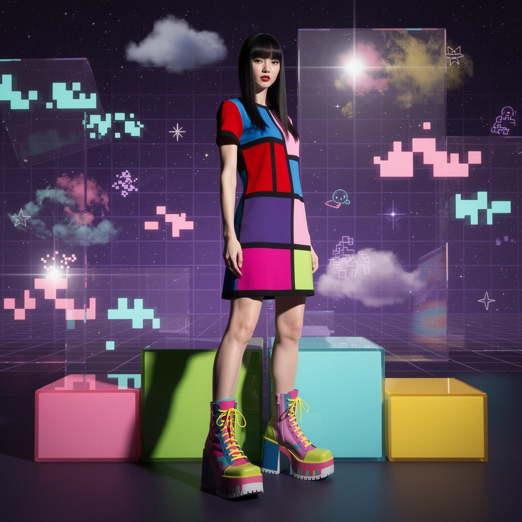 # Neon Digital Fashion A striking figure stands on vibrant, blocky platforms rendered in hot pink, lime green, cyan, and yellow. She wears a bold geom