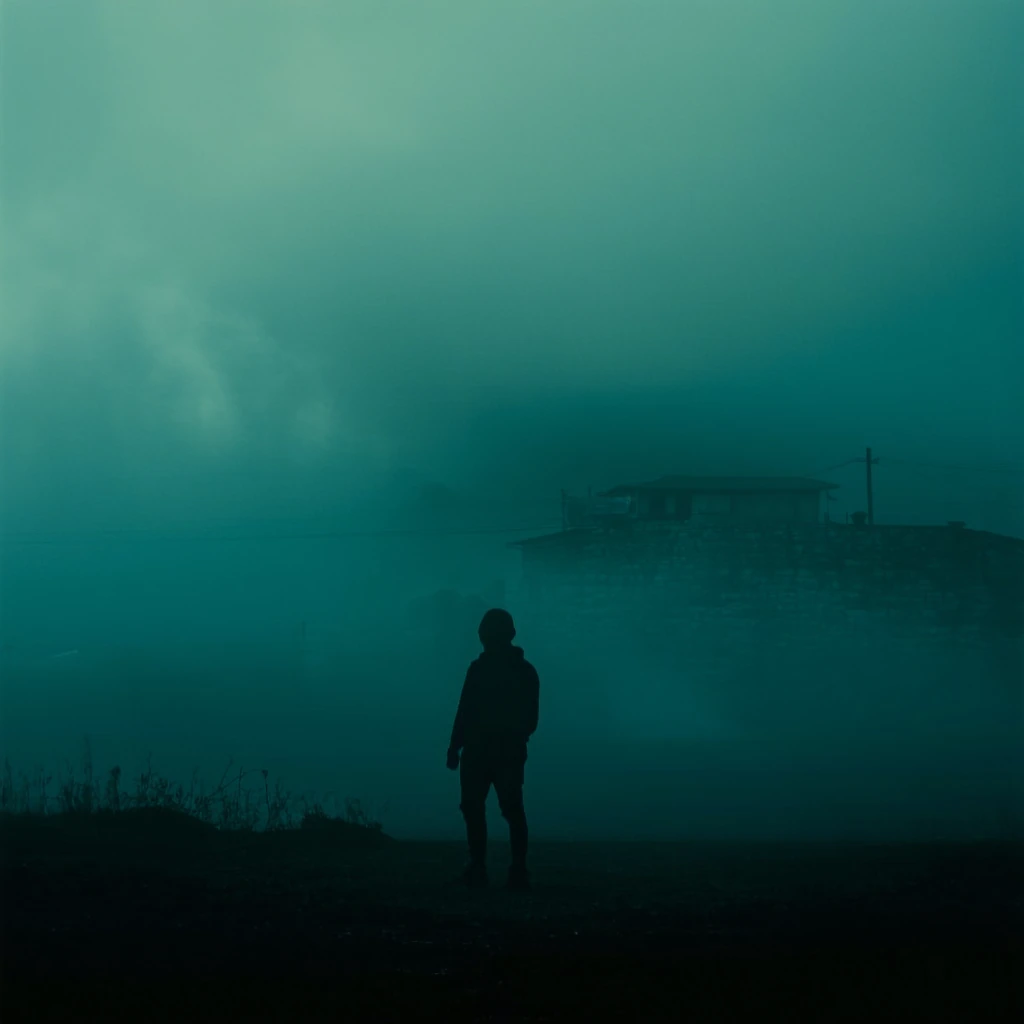 moody atmospheric dreamscape with film grain, character in misty landscape