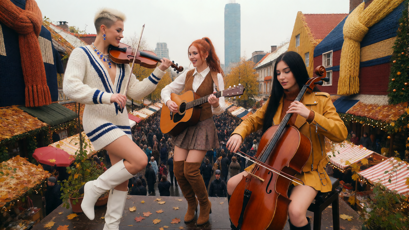Photorealistic image of a trio of young supermodels standing on a raised platform form an acoustic band in at an Autumn Outdoor market in a city where all the Buildings have been covered in Autumnal Clothing, a skyscraper is draped in an orange scarf
