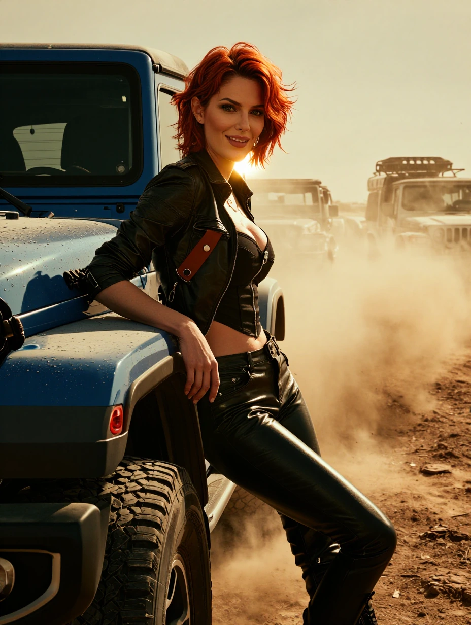 Redhead Pixie Haircut wearing sultry form-fitting minimalist outdoor adventure clothing with high shine reflective black leather boots. Close up leaning against a new Blue Jeep in the Arizona desert, smiling making eye contact with the camera, red ha