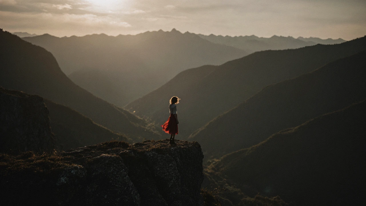 Woman in red skirt and white shirt standing backlit on a cliff edge at golden hour, silhouetted against layered mountains in atmospheric haze, shot with a telephoto lens compressing perspective so distant peaks stack tight behind her, warm ochre and