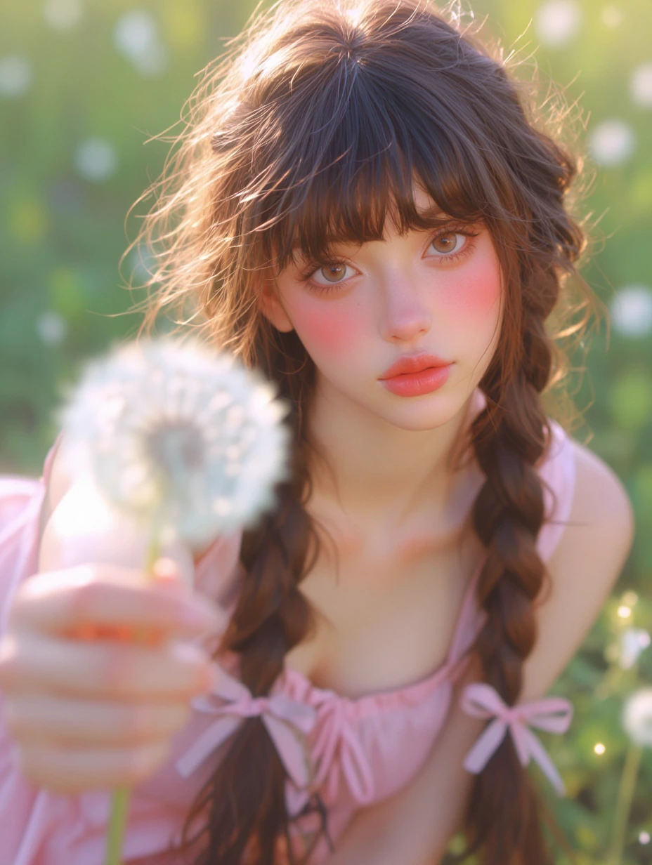 painterly, brush stroke, woman with pigtail braids , solo, long hair,, asymmetrical bangs, brown hair, messy hair, bangs, soft expression, gentle gaze